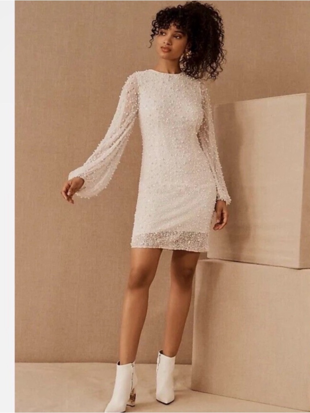 Anthropologie Ivory Beaded Long-Sleeve Mini Dress